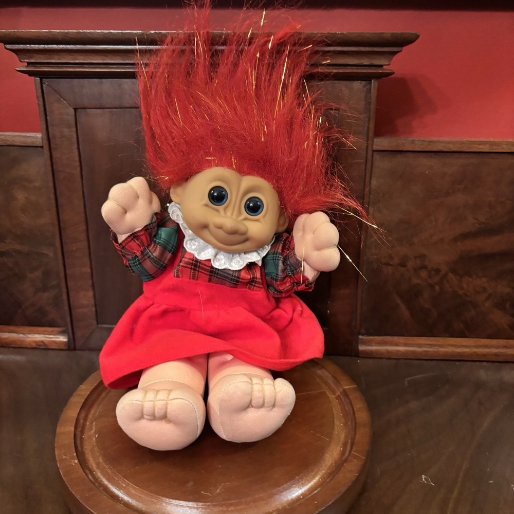 Vintage Russ Berrie 9" Christmas Girl Troll Doll Red Hair Plaid Dress Plush Toy